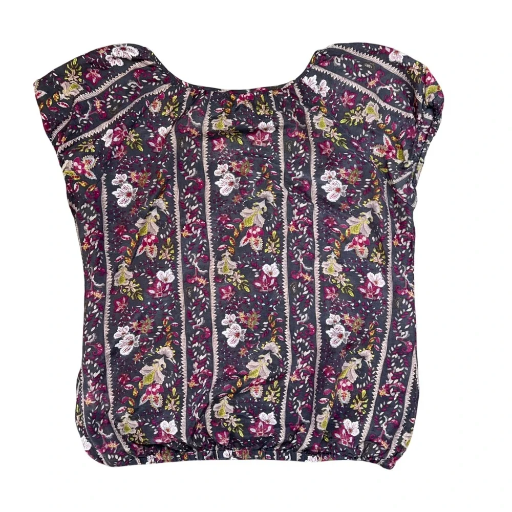 Banana Republic Silk Blend Floral Boho Square Neck Puff Sleeve Blouse XS Purple